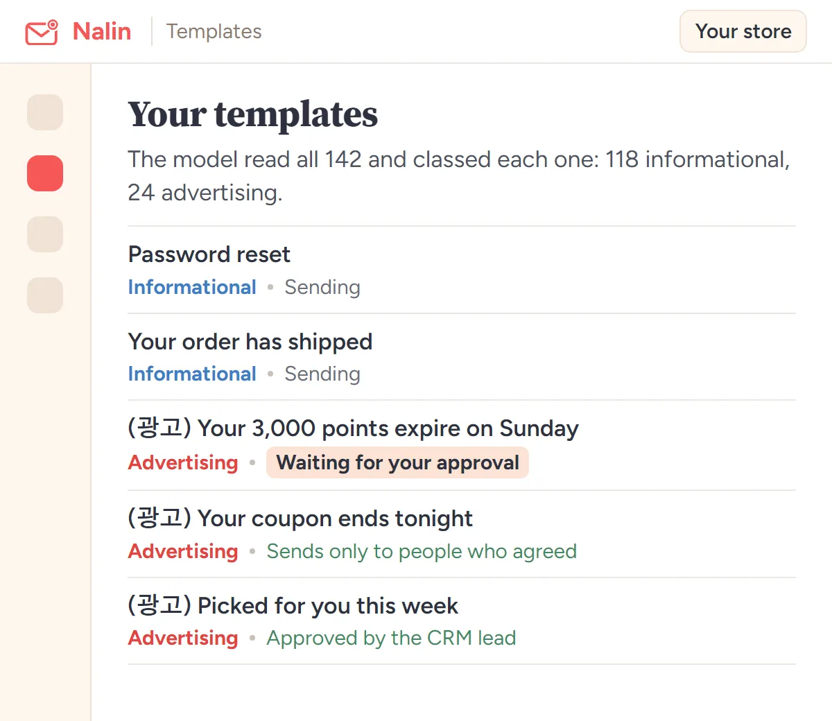 Your templates: the model read all 142 and classed each one, 118 informational, 24 advertising. '(광고) Your 3,000 points expire on Sunday' waits for approval.